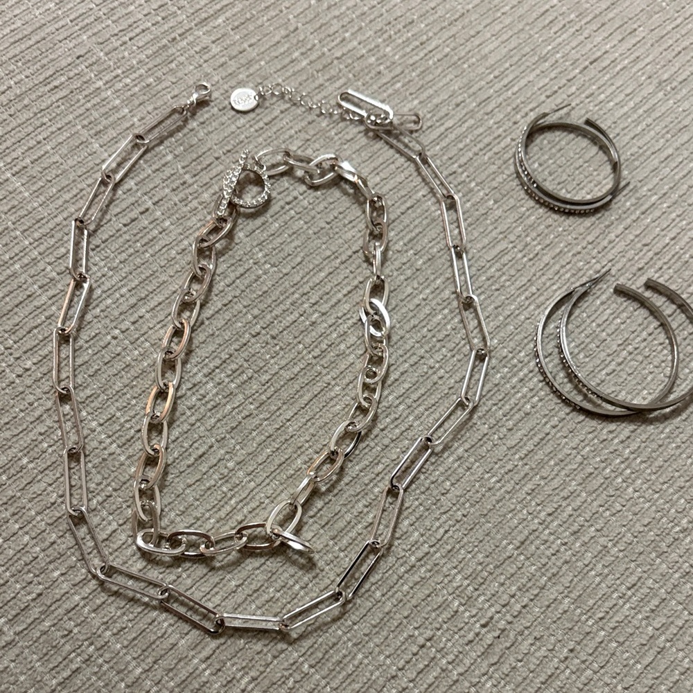 Elegant Silver Chain Necklace and Hoop Earrings Set